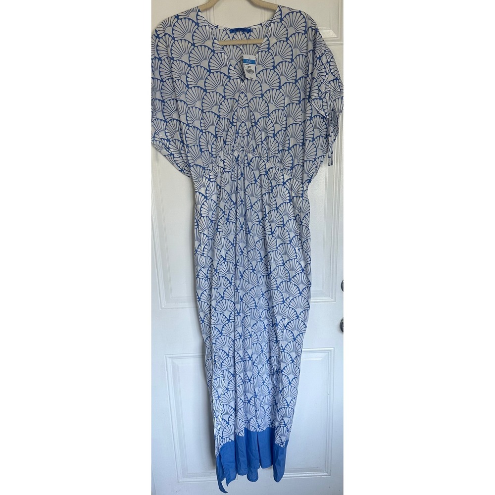 J.McLaughlin Etta Maxi Dress White Blue Deco Shell Kaftan Resortwear Large NWT